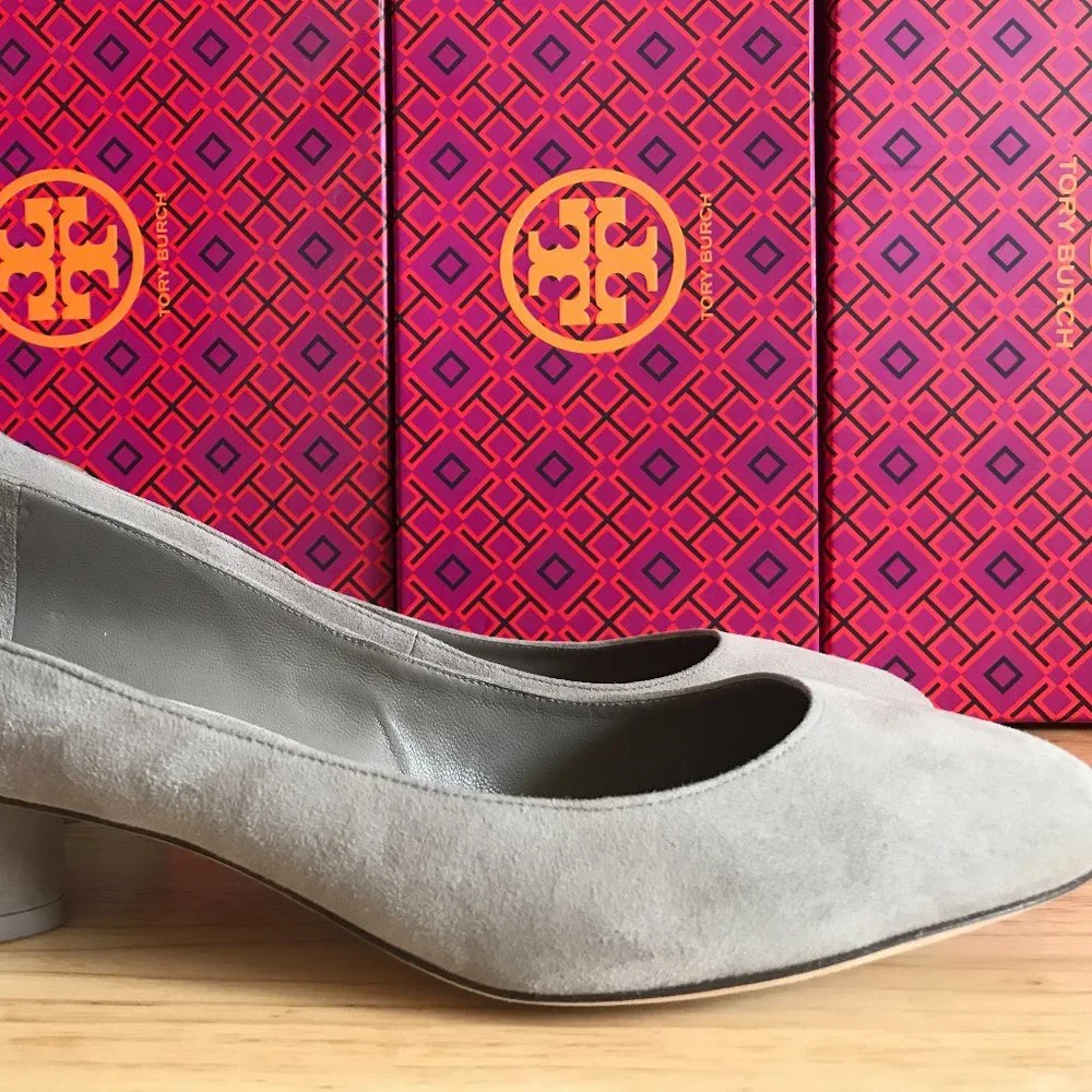 Tory Burch Gray Suede Block Heel Pumps